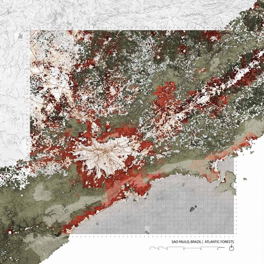 Sao Paolo, one of 32 major cities in the world’s biodiversity hotspots. Red indicates zones of future conflict between urban growth and biodiversity. © Richard Weller