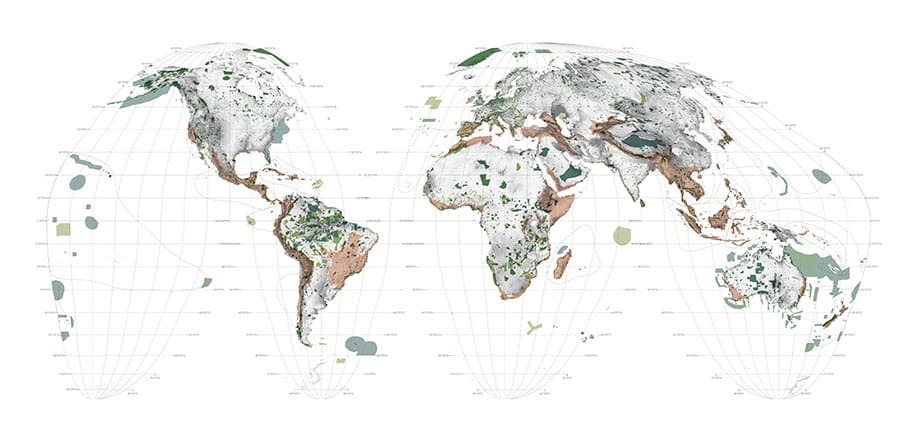 Map of the world’s protected areas showing the biodiversity hotspots in brown. © Richard Weller