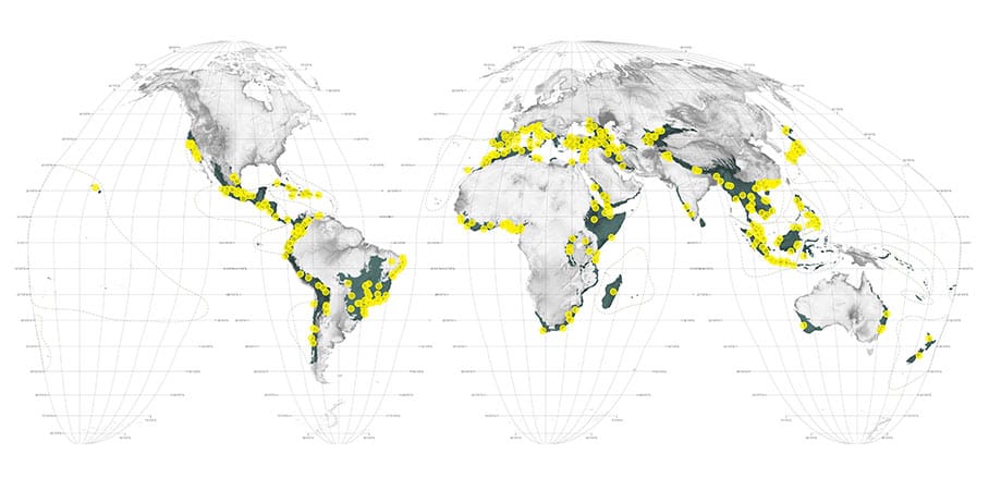 Map showing which hotspots currently fall short of 17% protected area and the cities which are on collision courses with remnant habitat and endangered species. © Richard Weller