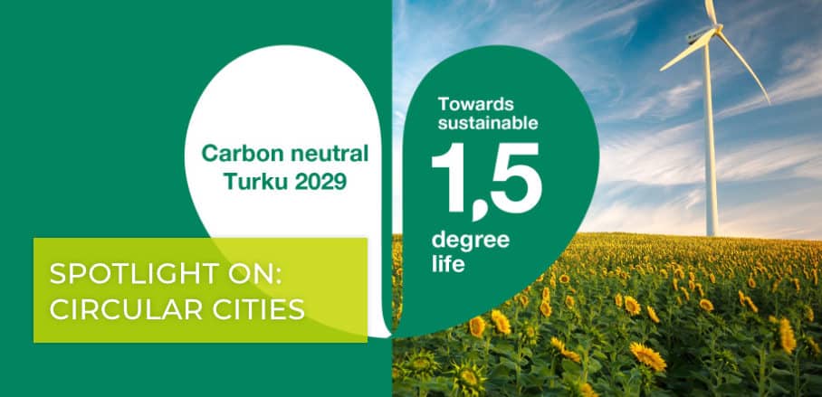 An image reading "Carbon neutral Turku 2029. Towards sustainable 1,5 degree life".