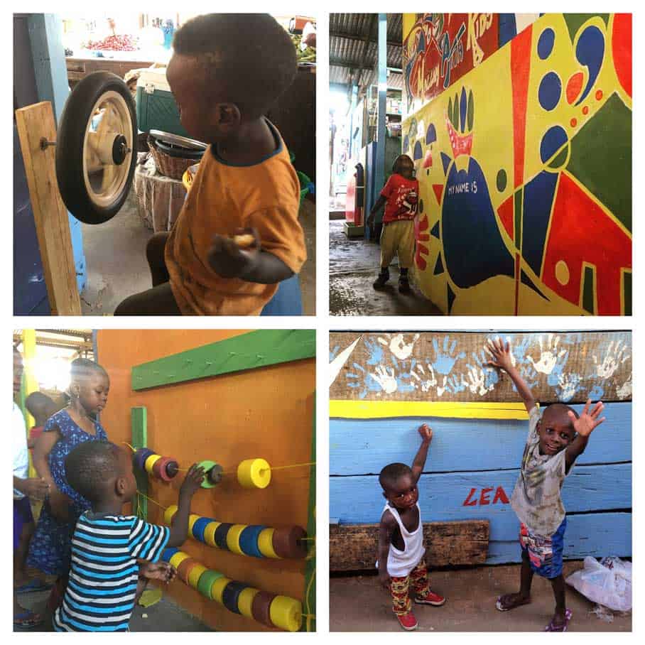 A collage of four pictures, Children at play between market stalls
