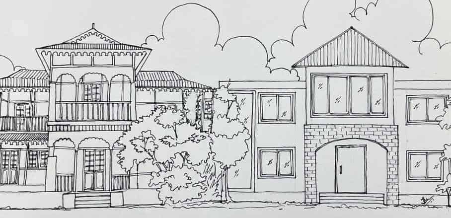 Sketch of traditional houses in Assam, India