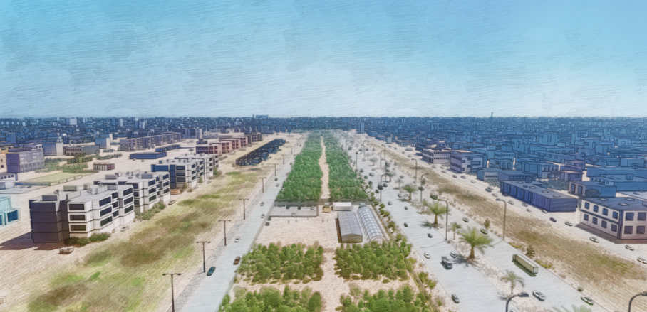 Rendering of 120 meter street in Erbil, displaying what the area will look like once the planted trees have grown © 