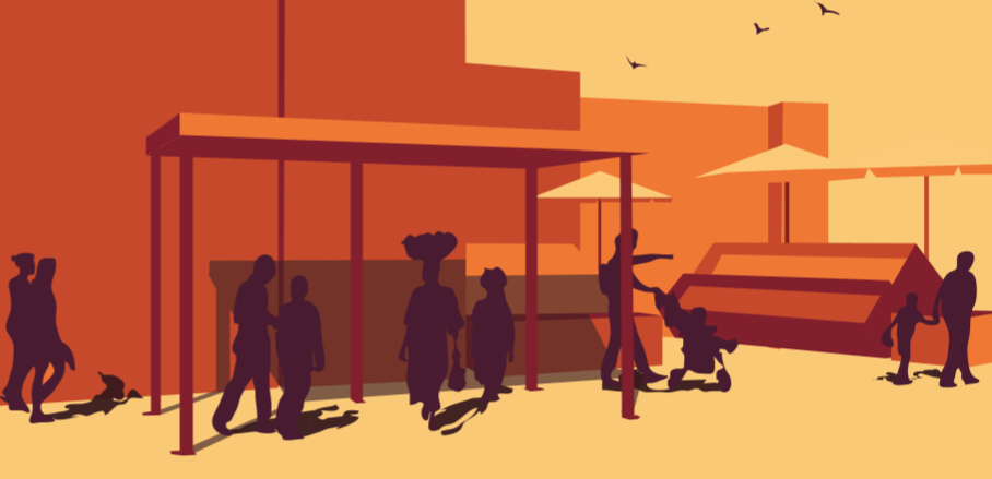Illustration of people at a sun-scorched market