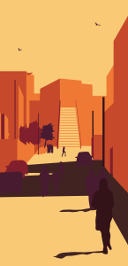 Illustration of a person walking within a city fully exposed to the sun
